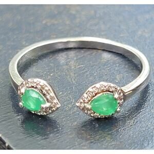Rhodium Plated Open Design Ring with Green Simulated Gemstones - Adjustable